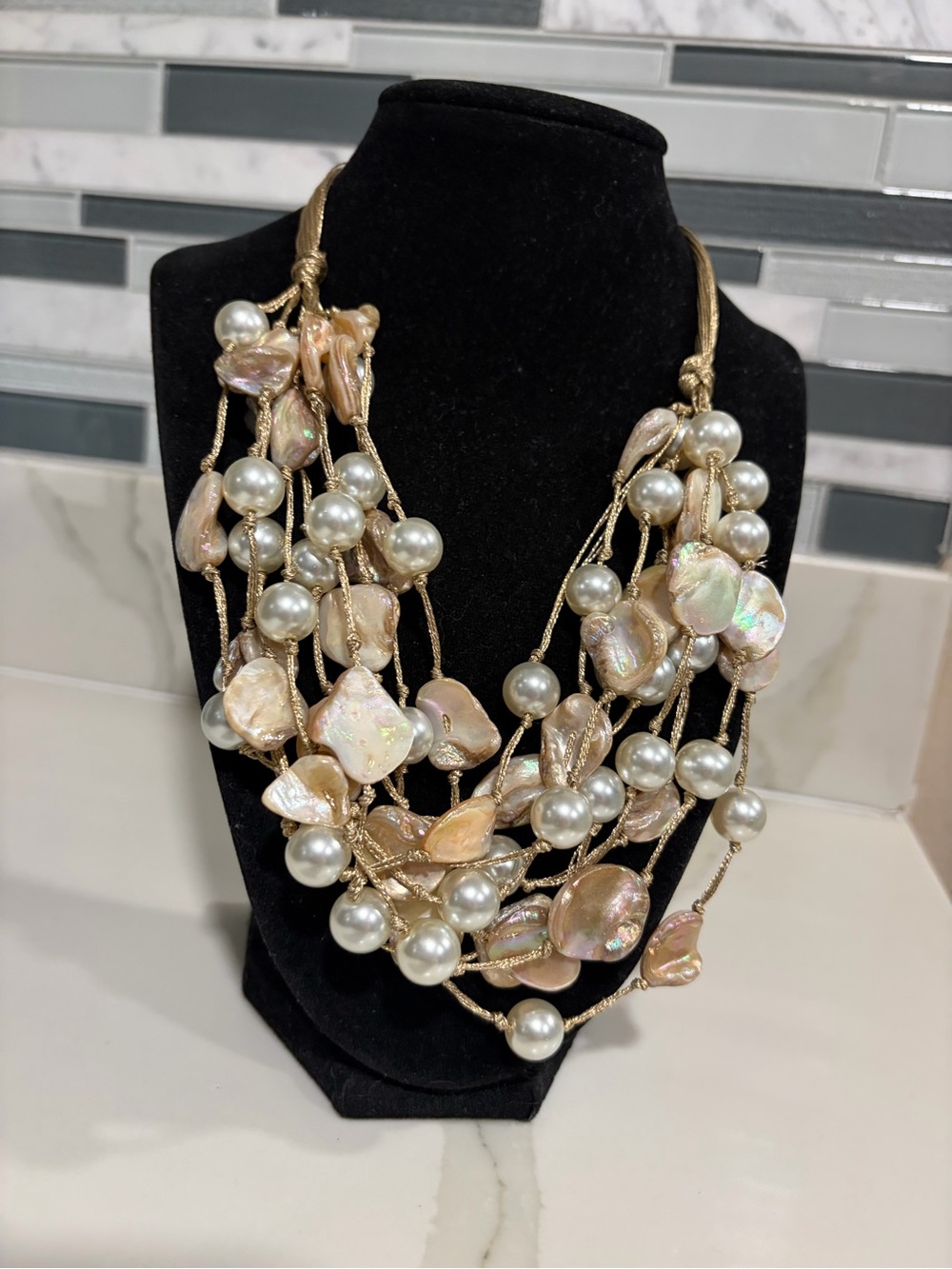 Multi-Strand Pearl and Shell Statement Necklace - Gold and Iridescent